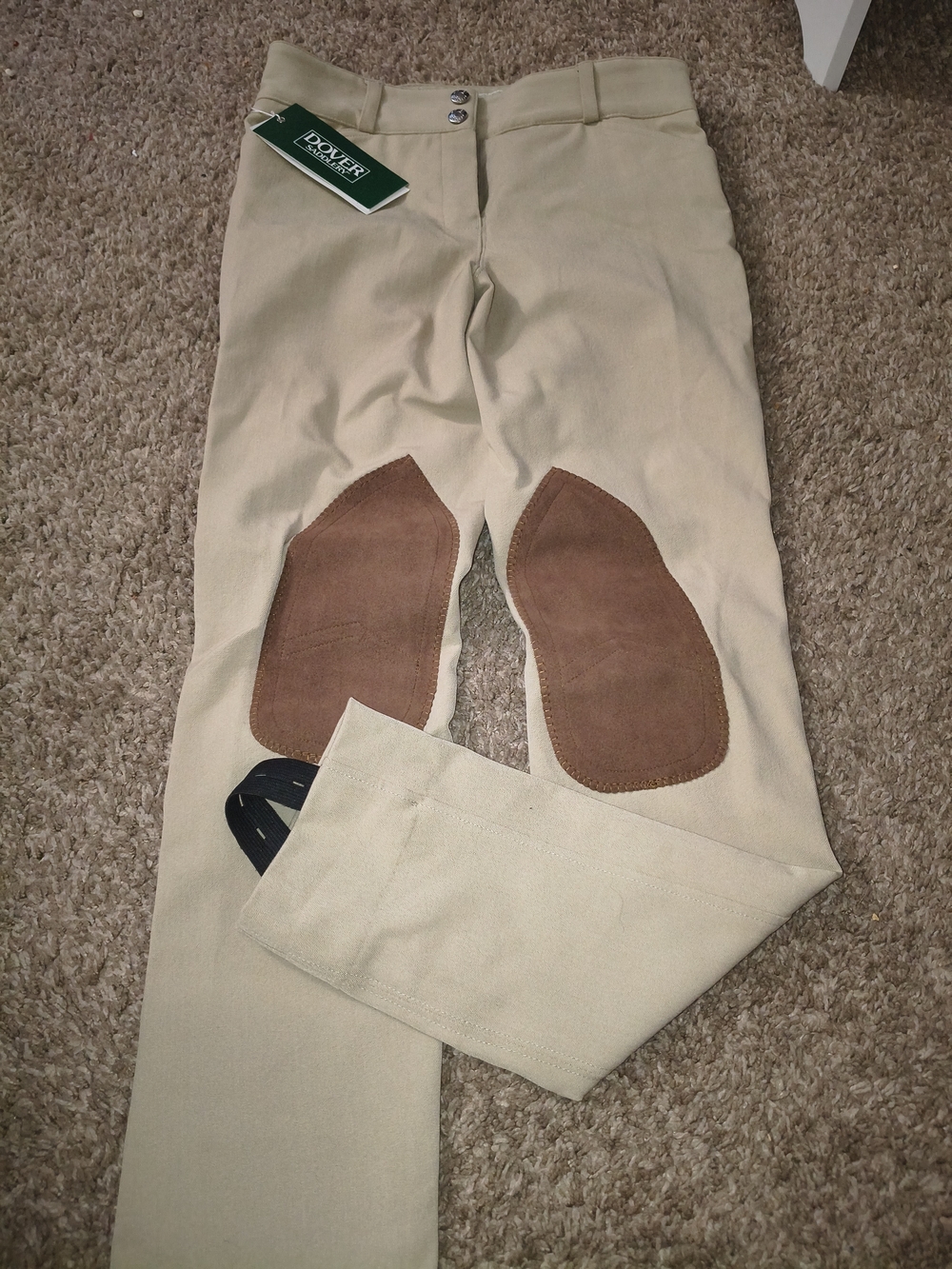 Dover Saddlery Tan Riding Breeches with Brown Knee Patches